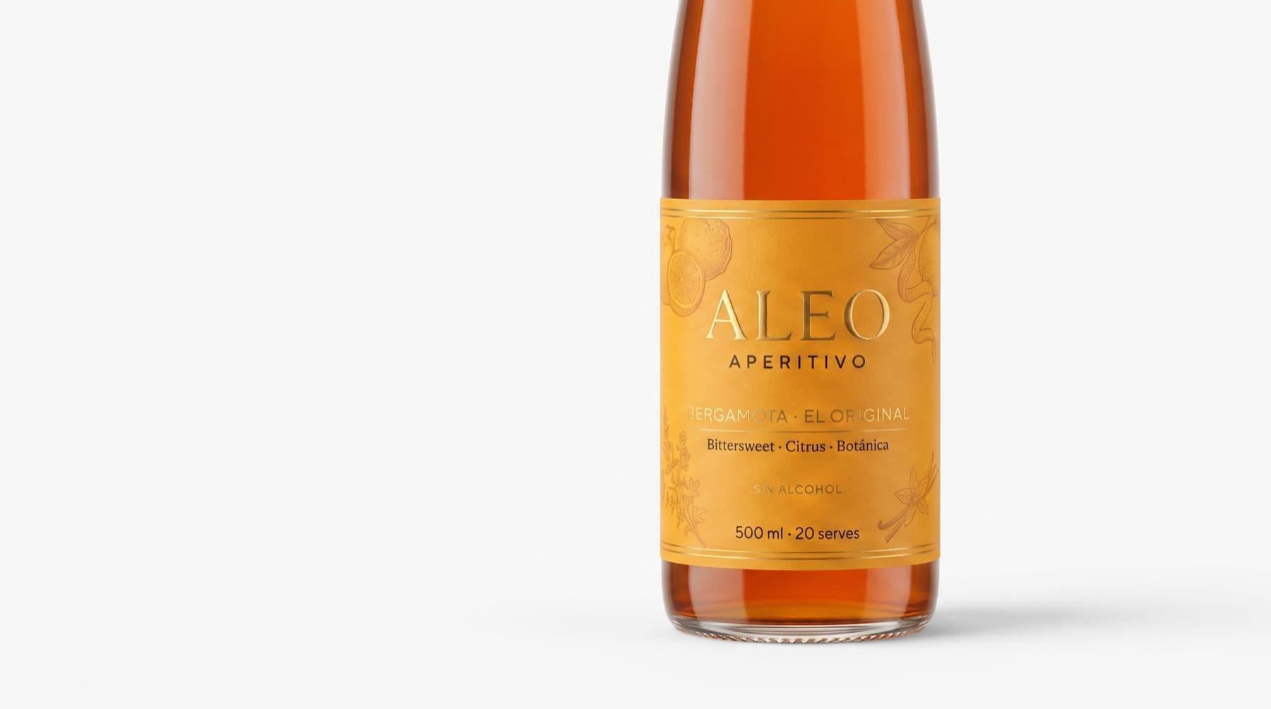 Aléo non-alcoholic aperitivo bottle with amber liquid and a gold bergamot citrus label