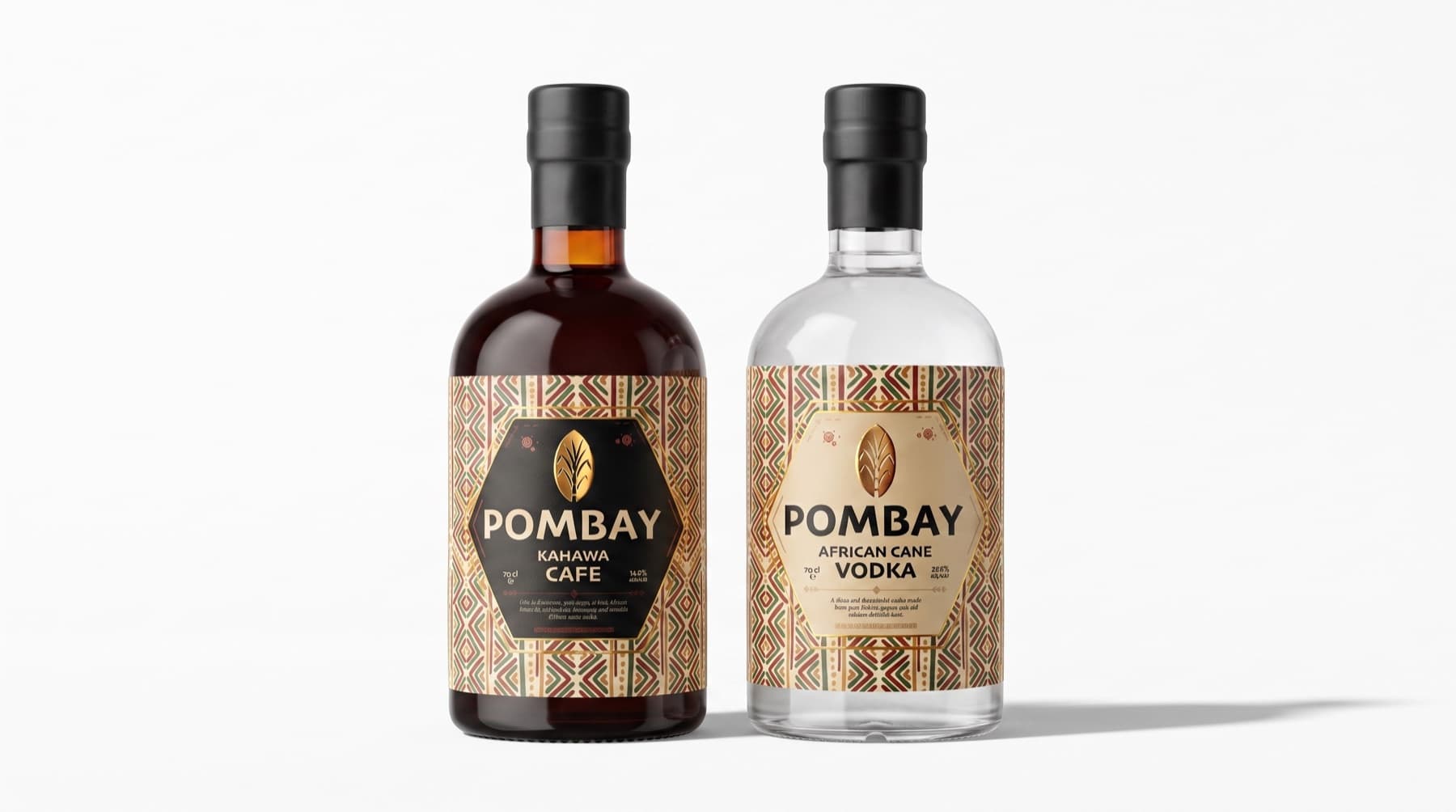 Pombay Kahawa Café coffee liqueur and African cane vodka bottles