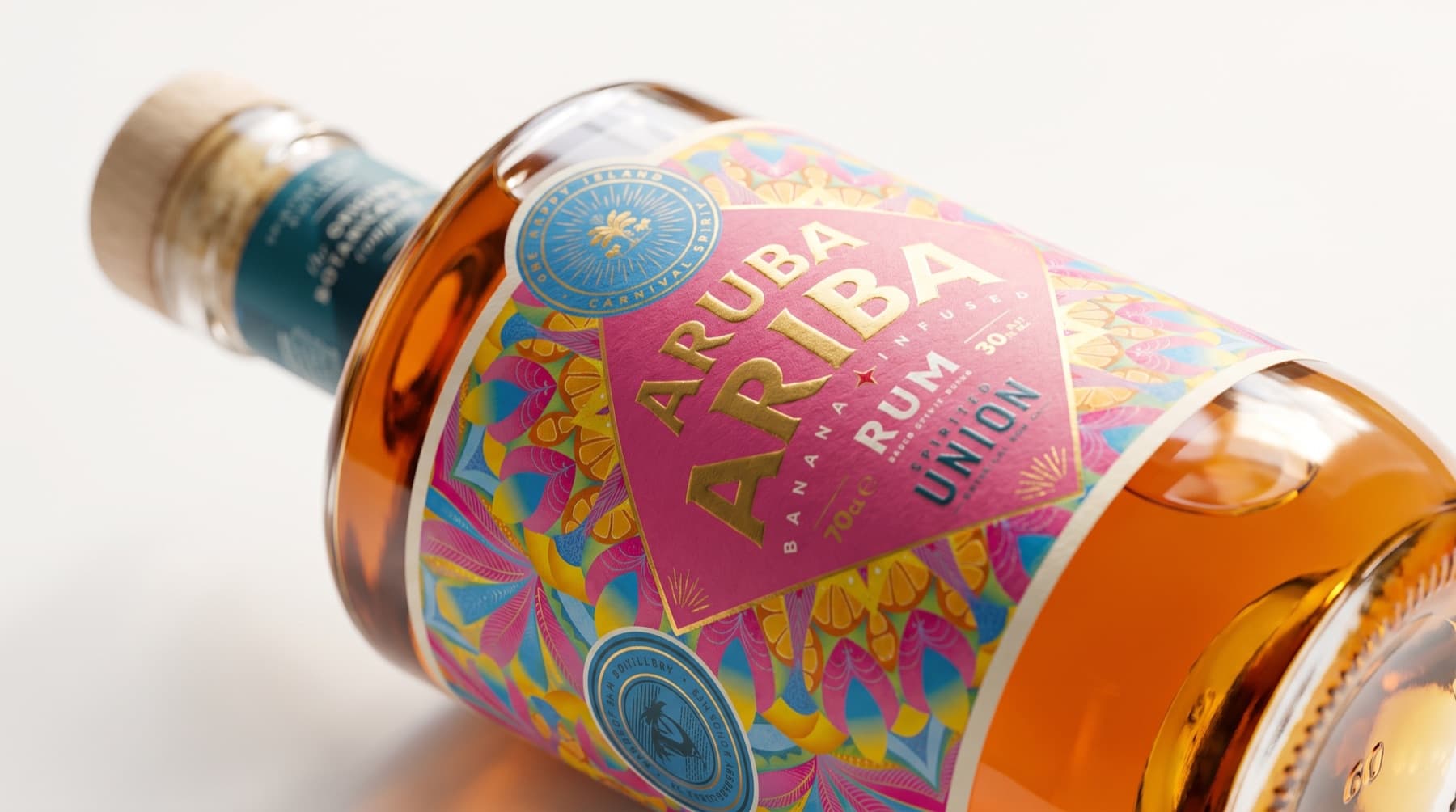 Aruba Ariba rum bottle laydown shot showing the colourful carnival label design
