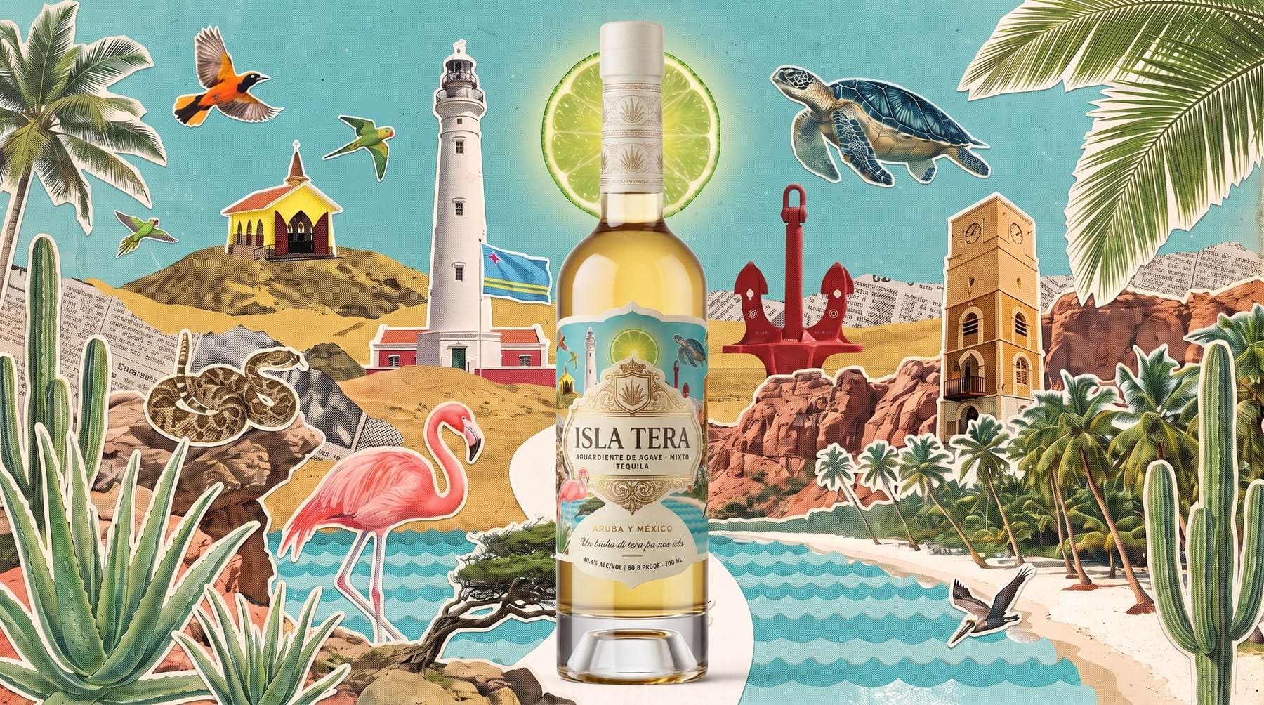 Isla Tera cut-and-paste collage brand identity, a surreal Aruban dreamscape of landmarks and wildlife