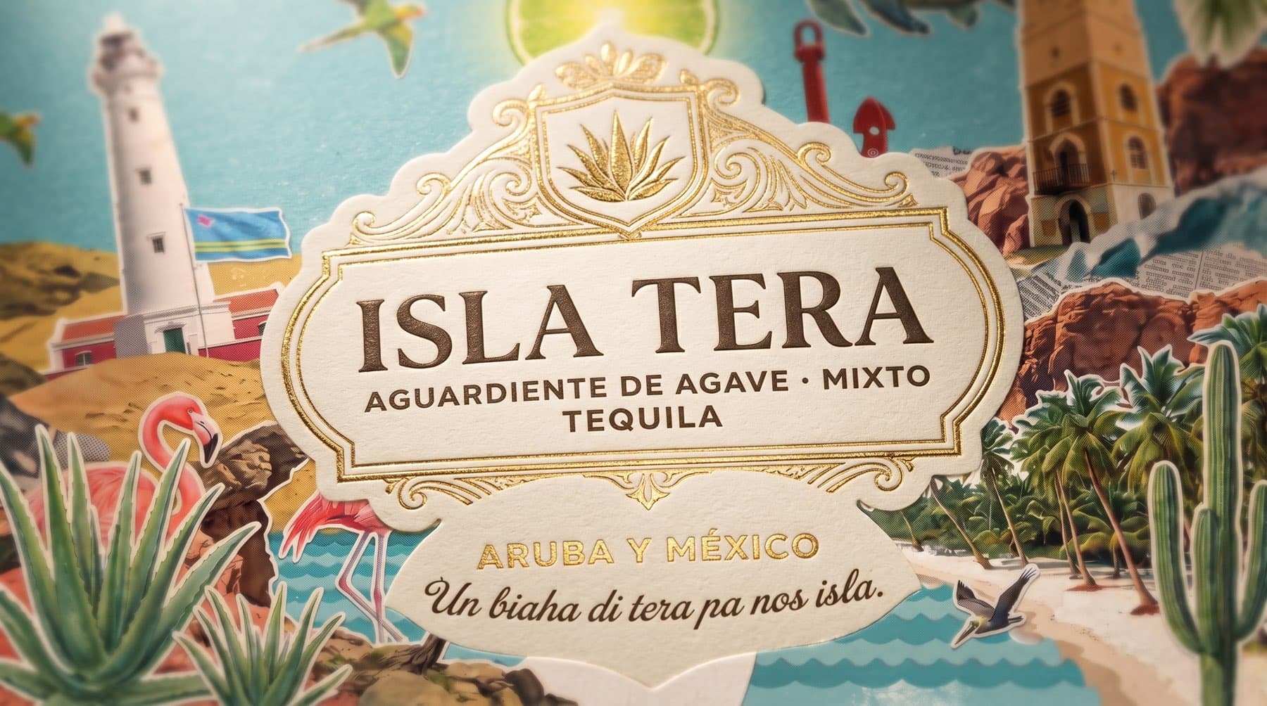 Isla Tera custom die-cut label with an ornate gold-foil crest, deep emboss and deboss