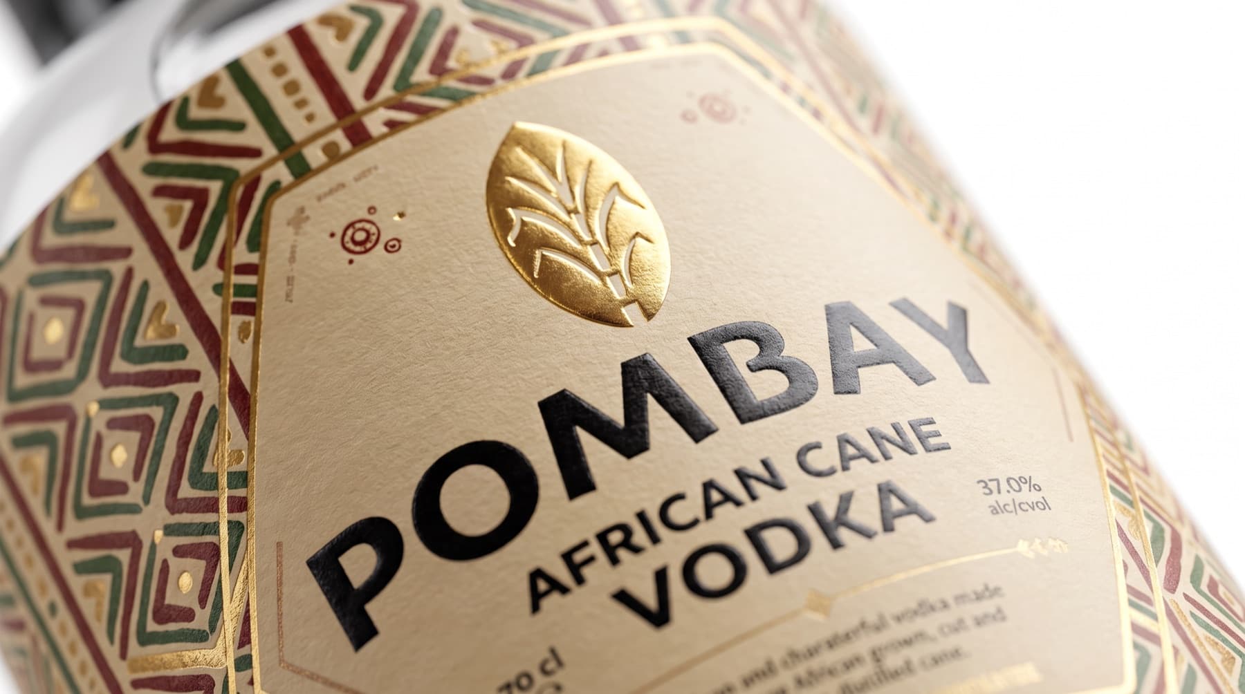 Pombay African cane vodka label with gold foil emblem