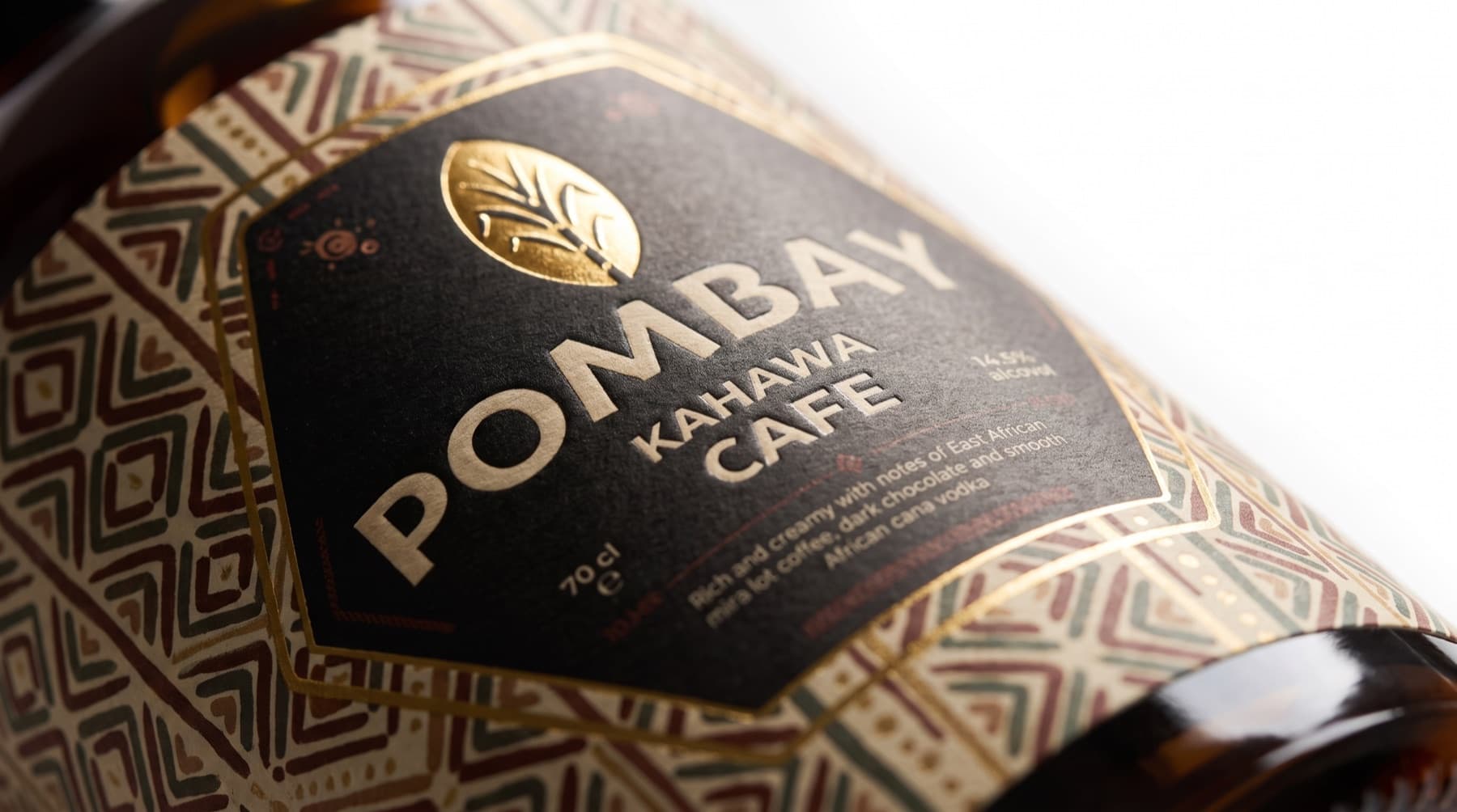 Close-up of the Pombay Kahawa Café coffee liqueur label with gold foil